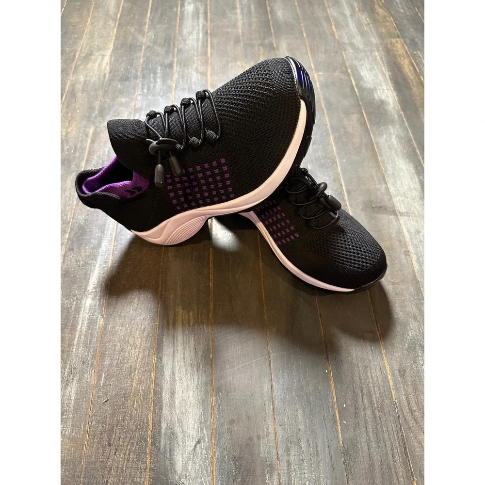 Womens Black Purple Knit Mesh Walking Shoes Bungee‎ Lace Lightweight Sneakers